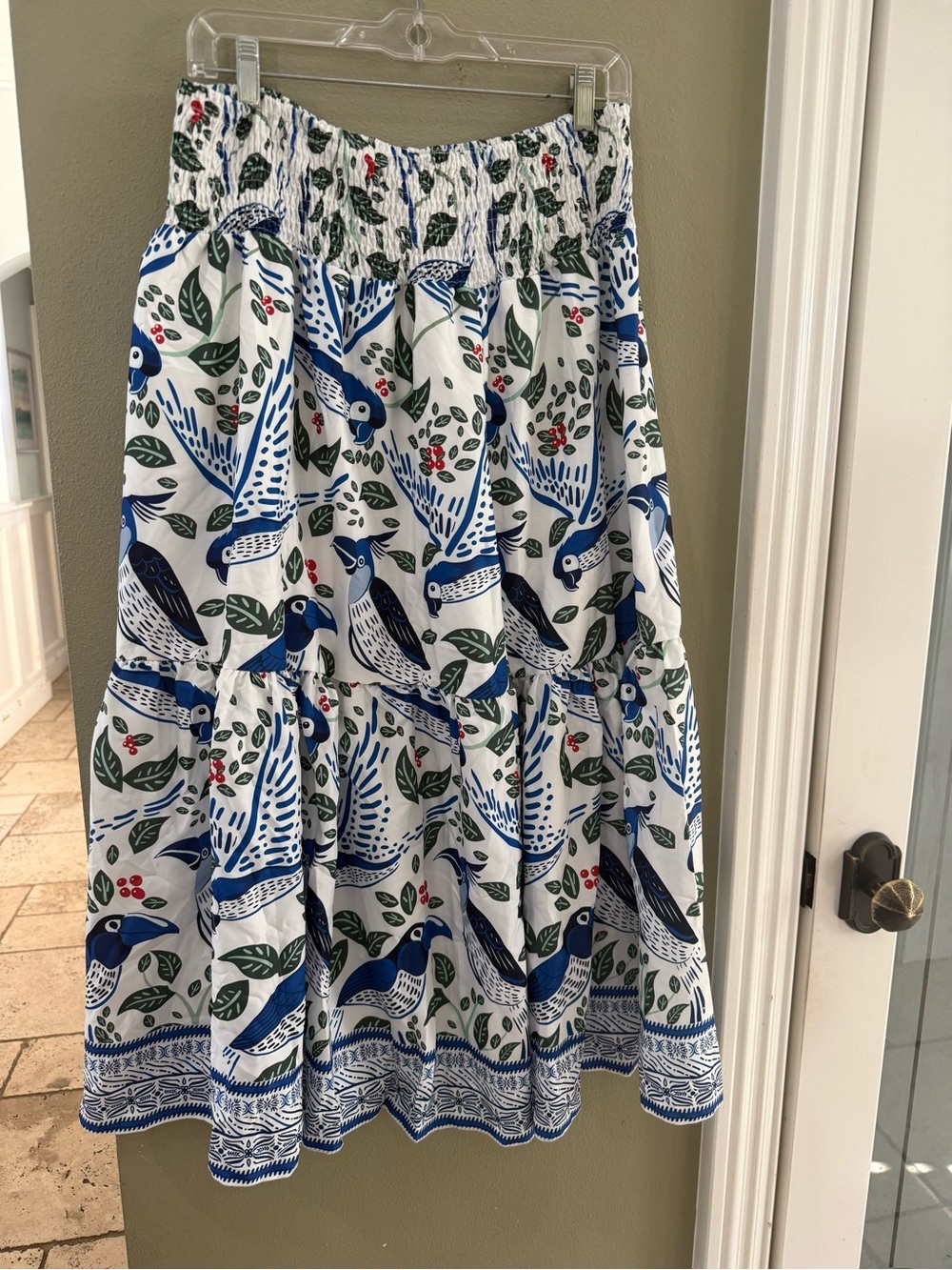 Amazon Blue & White Bird-Print Tiered Midi Skirt